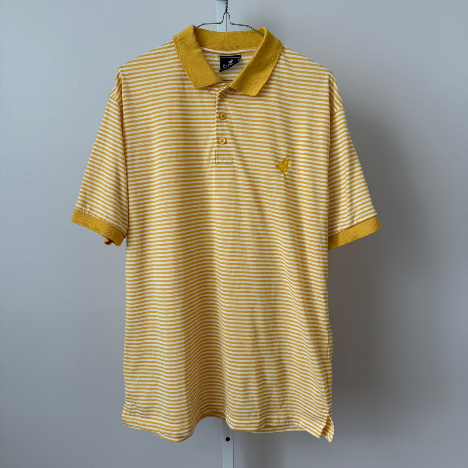 Pacific Polo Club Mens Xl Yellow Stripe Short Sleeve Polo Shirt Embroidered Logo